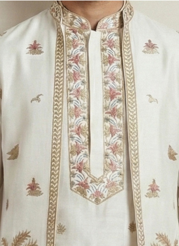 White Embroidered Satin Indowestern Set With Jacket