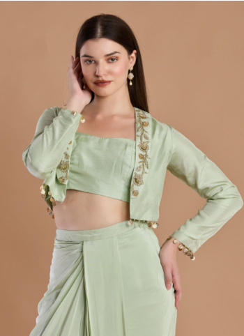 Pista Green Indowestern Set With Embroidered Jakcet