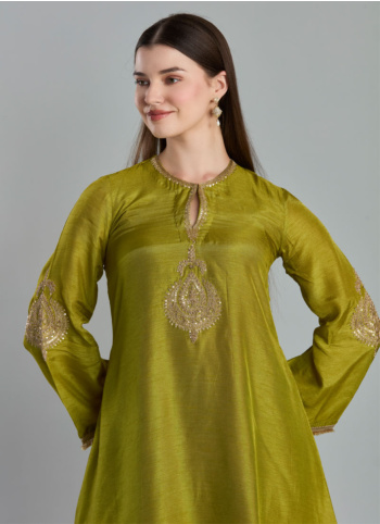 Festive Wear Mehndi Green Marodi Embroidered Work Kurti Set