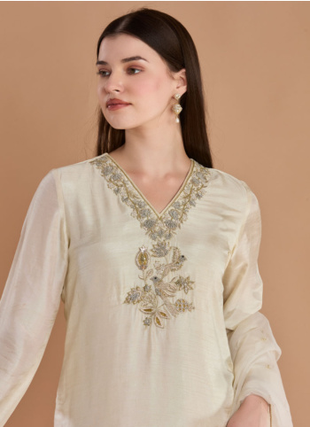 Cream Dola Silk Embroidered Pant Suit With Organza Dupatta
