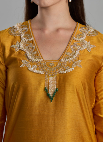Mustard Yellow Dupion Silk Zardosi Embroidered Festive Wear Kurti Set