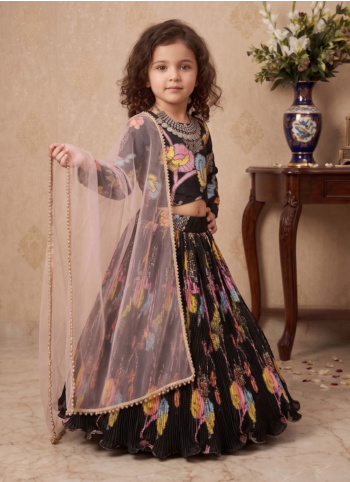 Black Floral Printed Chinon Silk Lehenga Choli