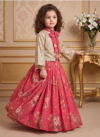 Floral Printed Pink Lehenga Choli With Embroidered Jacket