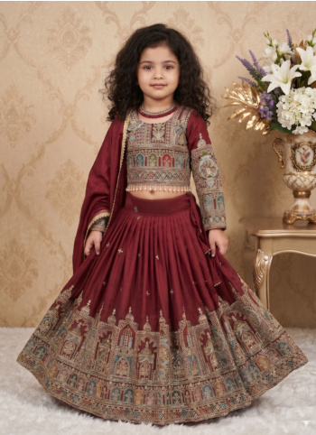 Maroon Embroidered Silk Lehenga Choli With Dupatta