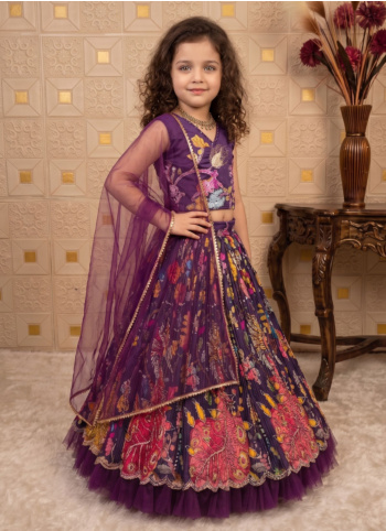 Digital Printed Purple Crepe Silk Lehenga Choli With Dupatta