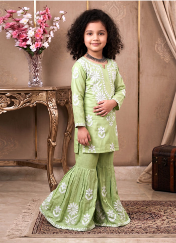 Pista Green Thread Embroidered Gharara Suit