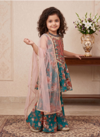 Floral Printed Teal Gharara Suit With Contrast Dupatta