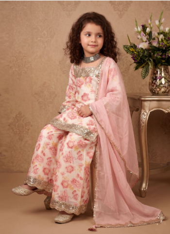 Cream Floral Printed Chinon Silk Palazzo Suit With Dupatta