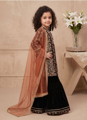 Black Floral Printed Gharara Suit With Orange Dupatta