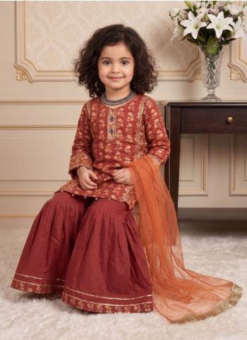 Chinon Silk Rust Color Gharara Suit With Net Dupatta