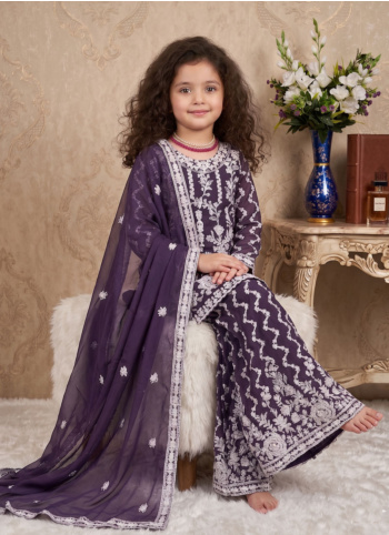 Purple Thread Embroidered Palazzo Suit