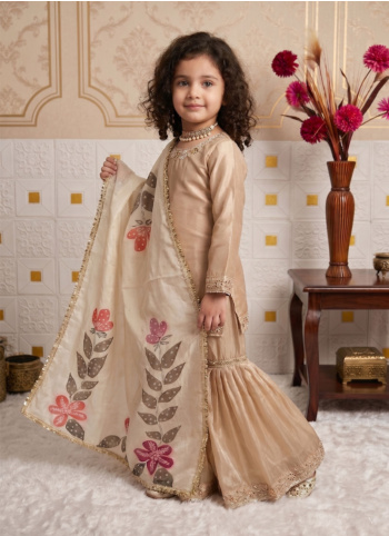 Wedding Wear Golden Cream Silk Gharara Suit