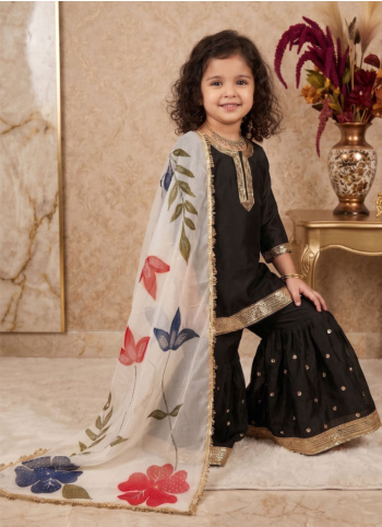 Black Silk Gharara Suit With Floral Organza Dupatta