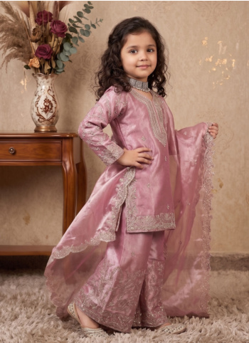 Pink Zari Embroidered Silk Palazzo Suit With Dupatta