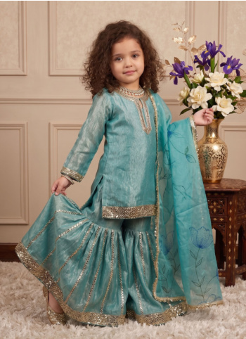 Turquoise Color Silk Embroidered Gharara Suit