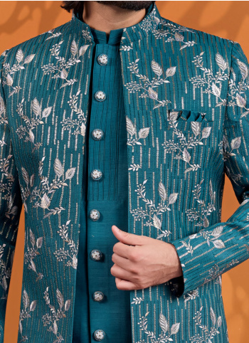 Teal Embroidered Art Silk Indowestern Set