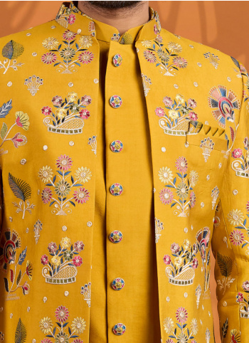 Yellow Thread Embroidered Jacket Style Indowestern Suit