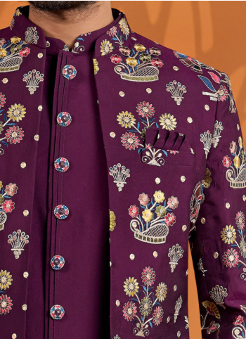 Art Silk Jacket Style Purple Embroidered Indowestern Set