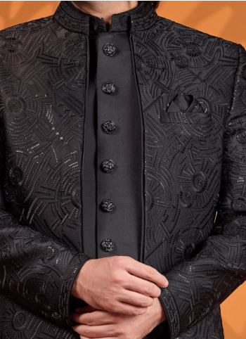 Black Thread Embroidered Jacket Style Indowestern Set