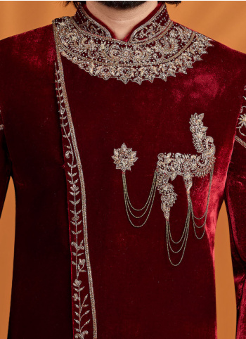 Wedding Wear Maroon Embroidered Indowestern Set