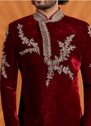 Maroon Velevt Embroidered Indowestern Set For Men