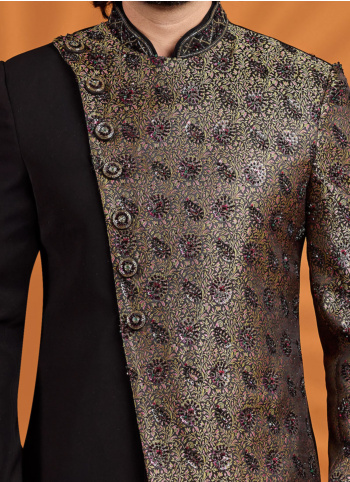 Black Jacquard Silk Indo Western Set With Designer Asymmetrical Pattern
