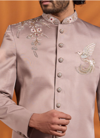 Rose Pink Embroidered Indowestern Set For Men