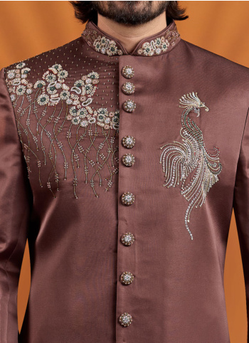 Silk Embroidered Dusty Brown Indowestern Set