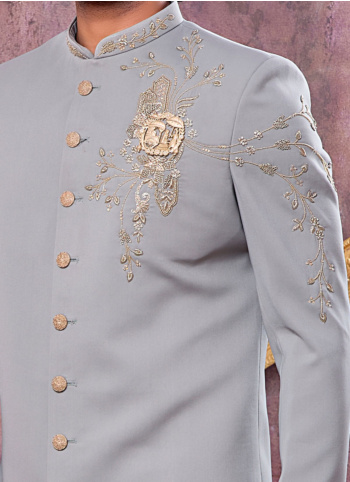 Designer Grey Lachka Fabric Indowestern Set For Men