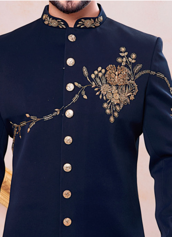 Navy Blue Embroidered Indowestern Set For Men