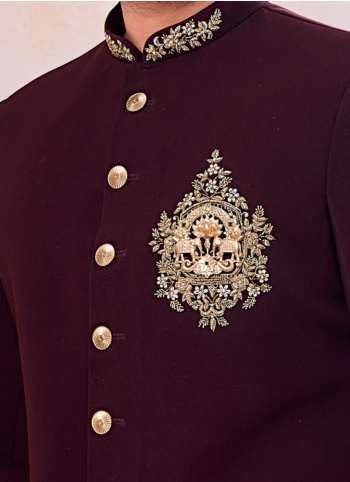 Wine Lachka Fabric Embroidered Indowestern Set