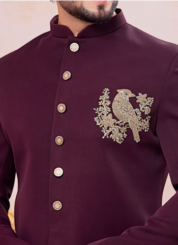 Wine Embroidered Bird Motif Indowestern Set