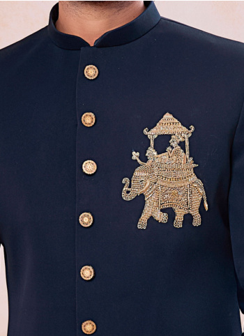 Navy Blue Embroidered Elephant Motifs Indowestern Set