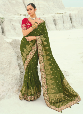 Beautiful Mehndi Green Dola Silk Saree