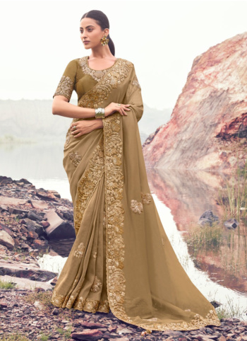 Dark beige Embroidered Chiffon Silk Saree