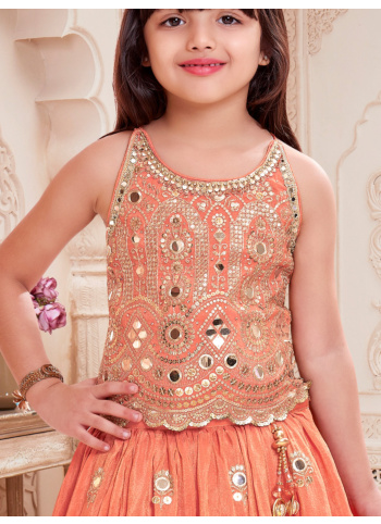 Peach Mirror Embellished Silk Lehenga Choli With Net Dupatta