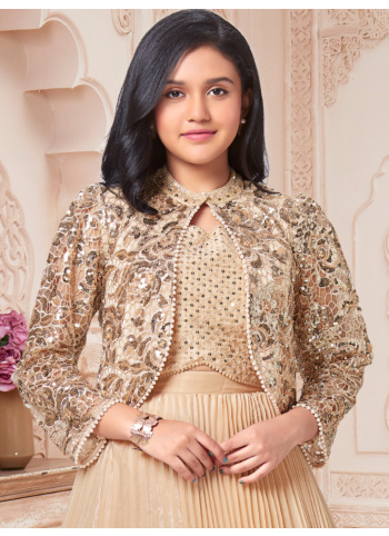 Cream Chiffon Silk Lehenga Choli With Sequins Embellished Jacket
