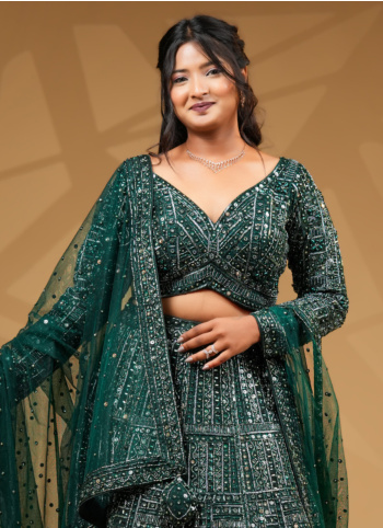 Bottle Green Hand Embroidered Bridal Lehenga And Choli Set With Dupatta