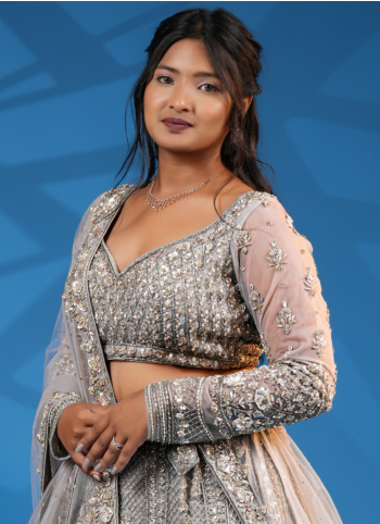 Grey Net Hand Embroidered Lehenga Choli With Dupatta