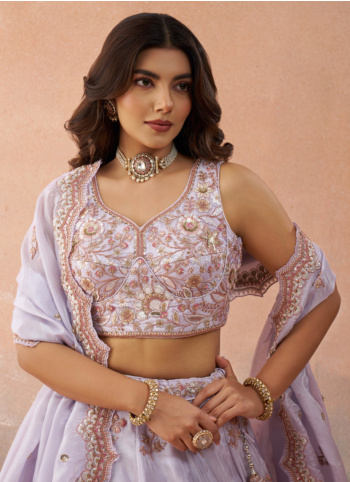 Enchanting Lavender Embroidered Tissue Silk Lehenga Choli