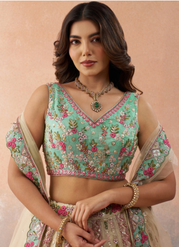 Designer Cream And Sea Green Embroidered Lehenga Choli