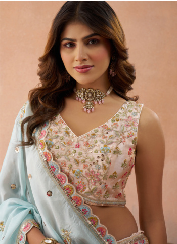 Designer Cream Tissue Silk Embroidered Lehenga Choli For Wedding