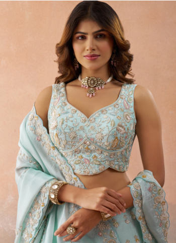 Glamorous Light Sky Blue Embroidered Lehenga Choli For Wedding