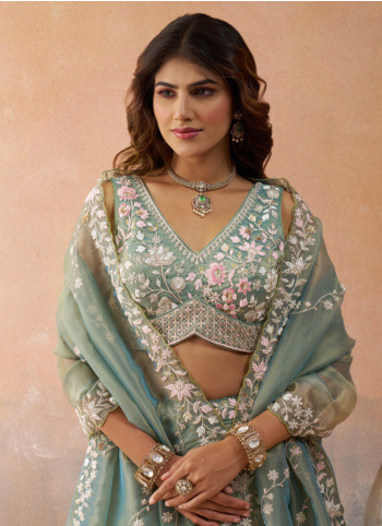 Wedding Wear Sea Green Embroidered Tissue Silk Lehenga Choli With Dupatta