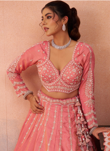 Peach Tissue Silk Cutdana Embroidered Lehenga Choli With Dupatta