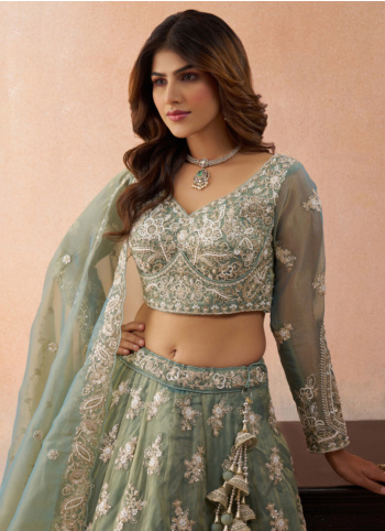 Sea Green Embroidered Tissue Silk A Line Lehenga Choli