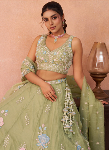 Stunning Pista Green Floral Embroidered Tissue Silk Lehenga Choli With Dupatta