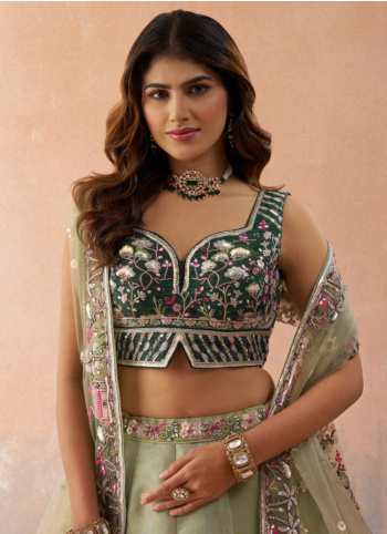 Two-tone Green Embroidered Tissue Lehenga Choli