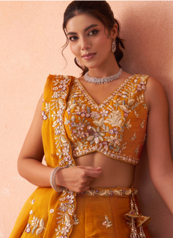 Wedding Wear Orange Embroidered Tissue Silk Lehenga Choli With Dupatta