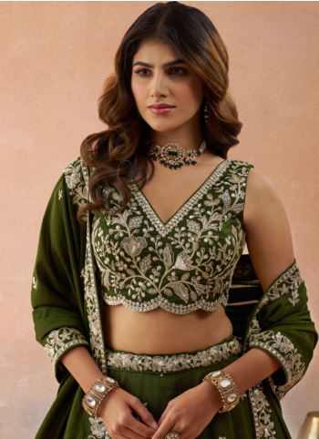 Stunning Mehndi Green Embroidered Tissue Silk Lehenga Choli